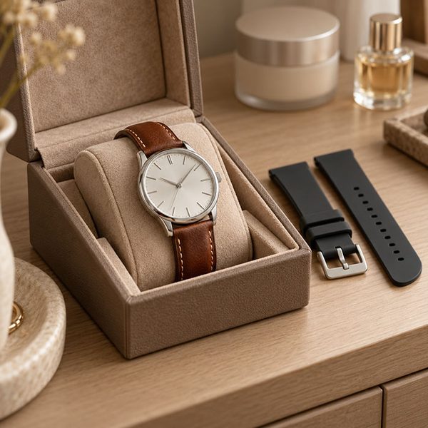 Montre avec bracelet en cuir dans un écrin, à côté un bracelet en silicone et des cosmétiques