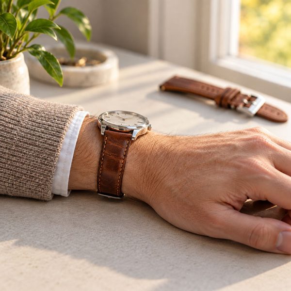 Montre avec bracelet en cuir marron au poignet, à côté un bracelet de rechange