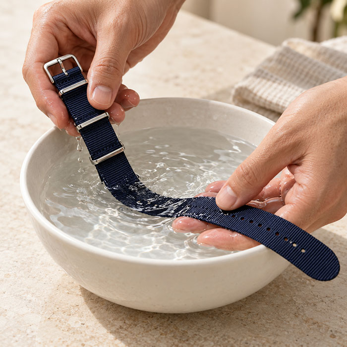 Faire tremper le bracelet NATO en nylon dans de l'eau savonneuse
