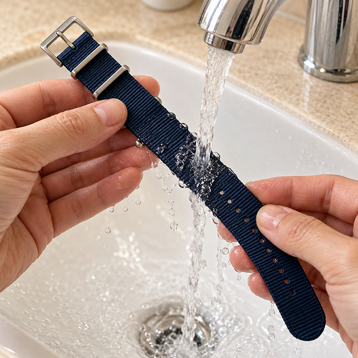 Rincer le bracelet NATO en nylon à l'eau claire