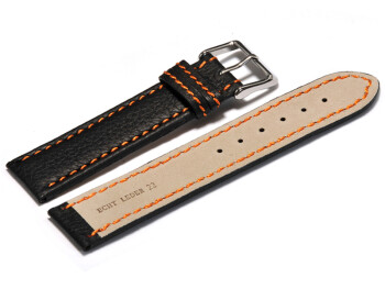 Bracelet montre - noir - cuir - surpique orange - 20mm Acier