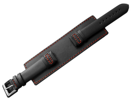 Bracelet de montre en veau - avec plaque amricaine - noir - couture rouge