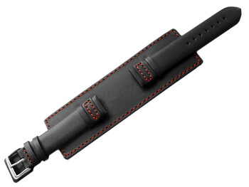 Bracelet de montre en veau - avec plaque américaine - noir - couture rouge 18mm Acier