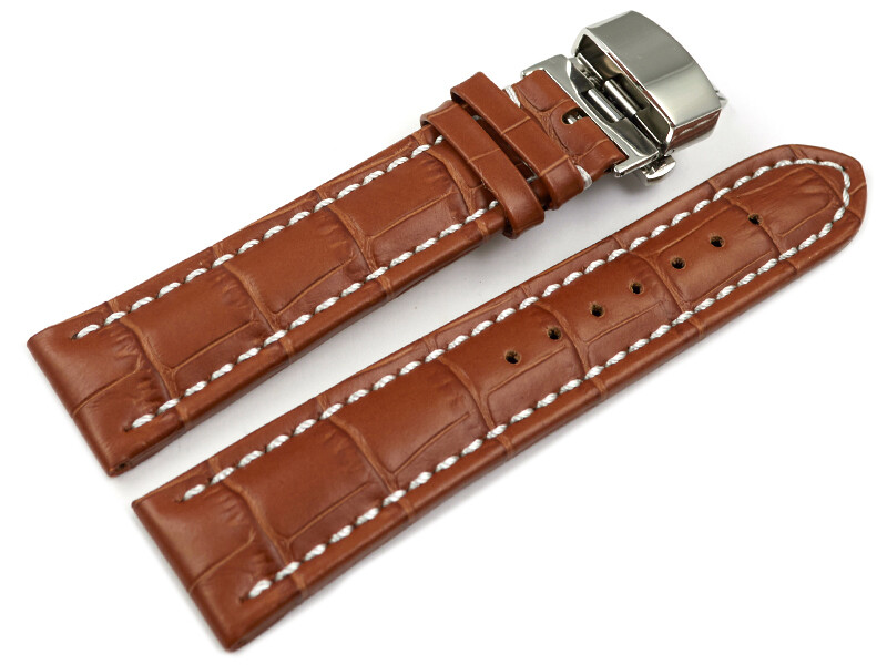 Bracelet Montre Cuir De Veau Marron Clair Avec Boucle Déployante Papillon - Neuf Watchband Berlin