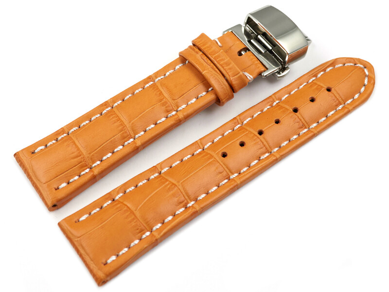 Boucle Déployante Papillon - Cuir De Veau Grain Croco Orange - Tailles 18 à 24 Mm - Neuf Avec étiquettes