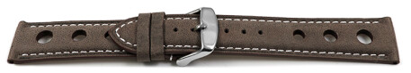 Bracelet montre - cuir de veau perforé - marron foncé - couture blanche 18mm Acier