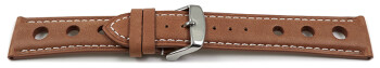 Bracelet montre - cuir de veau perforé - marron clair - couture blanche 20mm Acier