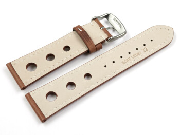 Bracelet montre - cuir de veau perforé - marron clair - couture blanche 20mm Dorée