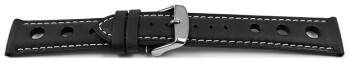 Bracelet montre - cuir de veau perforé - noir - couture blanche 18mm Acier