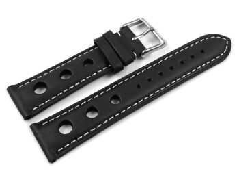 Bracelet montre - cuir de veau perforé - noir - couture blanche 18mm Acier