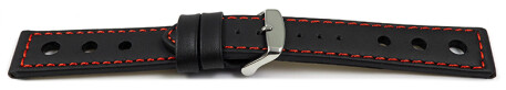 Bracelet montre - cuir de veau perforé - noir - couture rouge 18mm Acier