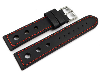 Bracelet montre - cuir de veau perforé - noir - couture rouge 18mm Acier