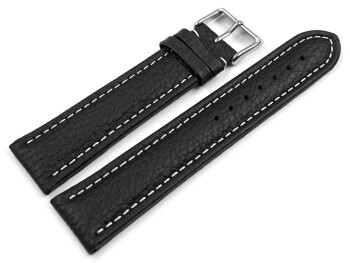 Bracelet de montre - cuir de veau grainé - noir/couture blanche 20mm Acier