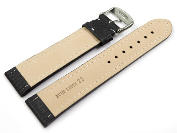 Bracelet de montre - cuir de veau grainé - noir/couture blanche 20mm Acier