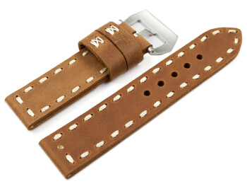 Bracelet montre ardillon large - cuir veau épais - brun surpiqué 24mm