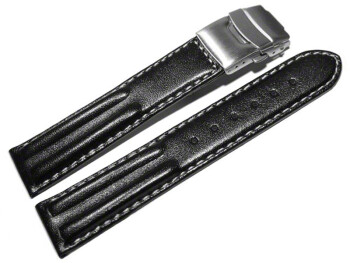 Bracelet montre - cuir de veau -rembourrage double-noir surpiqué 22mm Acier