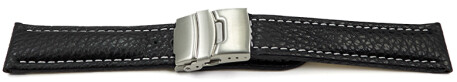 Bracelet de montre - cuir de veau grainé - noir/couture blanche 18mm Acier