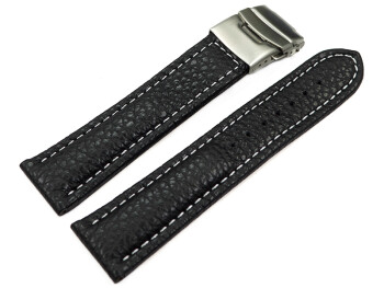 Bracelet de montre - cuir de veau grainé - noir/couture blanche 18mm Acier