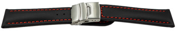 Bracelet de montre - cuir de veau lisse - noir - couture rouge 20mm Acier