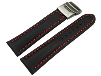 Bracelet de montre - cuir de veau lisse - noir - couture rouge 20mm Acier