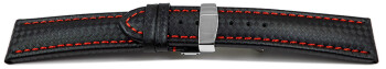 Bracelet de montre - cuir - Carbone - noir - couture rouge 22mm Acier