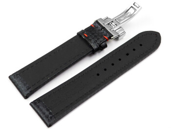 Bracelet de montre - cuir - Carbone - noir - couture rouge 22mm Acier