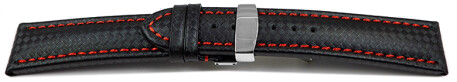 Bracelet de montre - cuir - Carbone - noir - couture rouge 24mm Acier