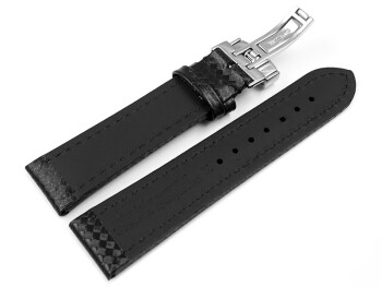 Bracelet de montre - cuir - Carbone - noir - couture noire 24mm Acier