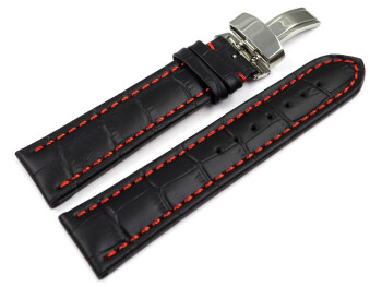 Bracelet de montre-cuir de veau-grain croco-noir-cout.rouge 24mm Acier