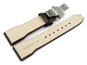 Bracelet montre-boucle dépl.papillon-cuir de boeuf-rivets-marron foncé 22mm Acier