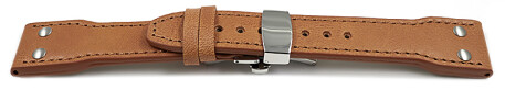 Bracelet montre-boucle dépl.papillon-cuir de boeuf-rivets - marron clair 20mm Acier