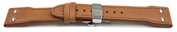Bracelet montre-boucle dépl.papillon-cuir de boeuf-rivets - marron clair 20mm Acier