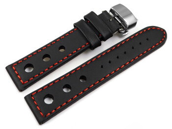 Bracelet de montre - cuir de veau perforé - noir - couture rouge 22mm noir