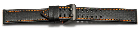 Bracelet montre - cuir noir - gaufrage façon carbone - double ardillon noir - couture orange