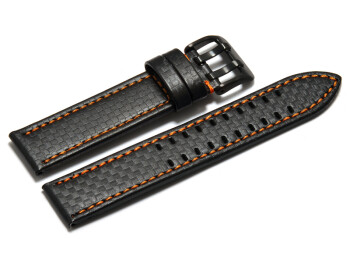 Bracelet montre - cuir noir - gaufrage façon carbone - double ardillon noir - couture orange