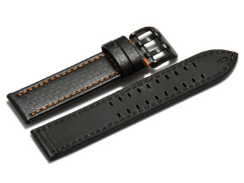 Bracelet montre - cuir noir - gaufrage façon carbone - double ardillon noir - couture orange