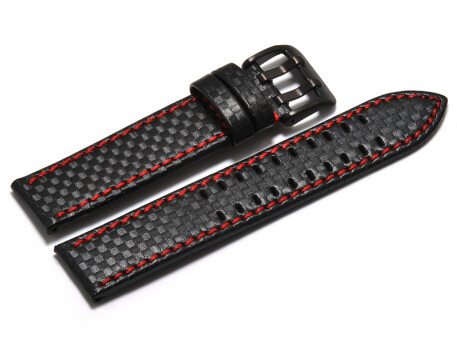 Bracelet montre - cuir noir - gaufrage façon carbone - double ardillon noir - couture rouge