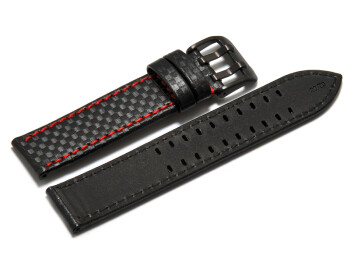 Bracelet montre - cuir noir - gaufrage façon carbone - double ardillon noir - couture rouge
