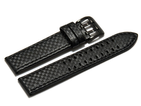 Bracelet montre - cuir noir - gaufrage façon carbone - double ardillon noir - couture noire