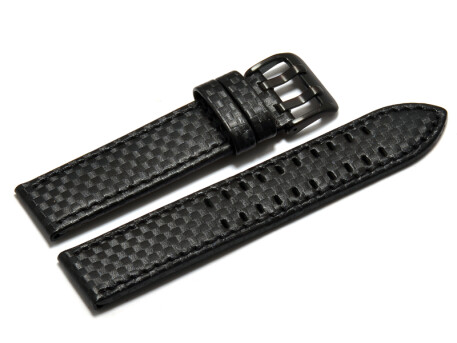 Bracelet montre - cuir noir - gaufrage faon carbone - double ardillon noir - couture noire