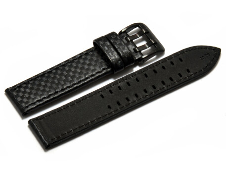 Bracelet montre - cuir noir - gaufrage faon carbone - double ardillon noir - couture noire