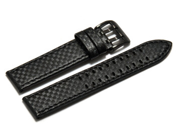 Bracelet montre cuir noir gaufrage façon carbone -ouble ardillon noir couture noire 24mm