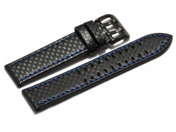 Bracelet montre cuir noir gaufrage façon carbone double ardillon noir couture bleue 24mm