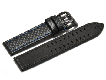 Bracelet montre - cuir noir - gaufrage façon carbone - double ardillon noir - couture bleue