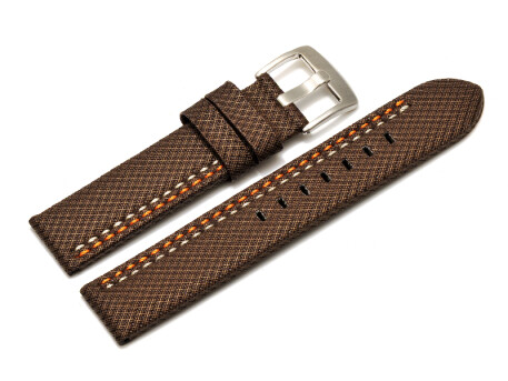 Bracelet-montre - ardillon large - high-tech - aspect textile - marron - couture orange et blanche