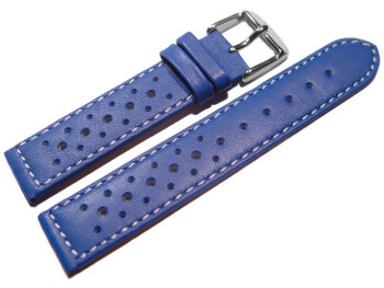 Bracelet de montre - cuir de veau perforé - surpiqué - bleu 16mm boucle acier