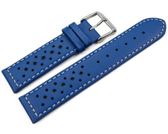 Bracelet de montre - cuir de veau perforé - surpiqué - bleu 22mm boucle dorée