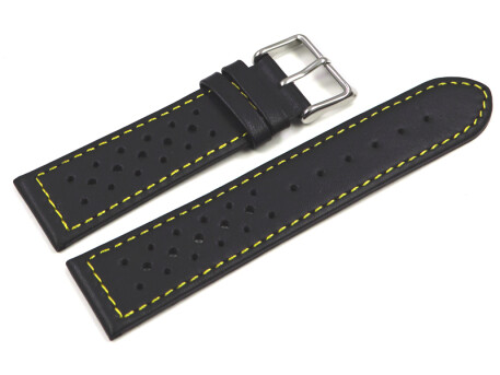 Bracelet de montre - cuir de veau perforé - noir, couture jaune