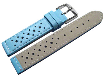 Bracelet de montre - cuir de veau perforé - surpiqué - bleu ciel 22mm Acier