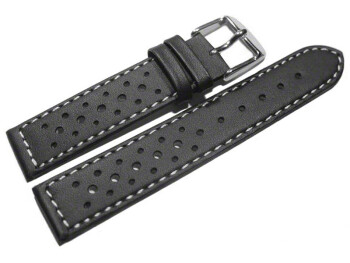 Bracelet de montre - cuir de veau perforé - surpiqué - noir 16mm Acier